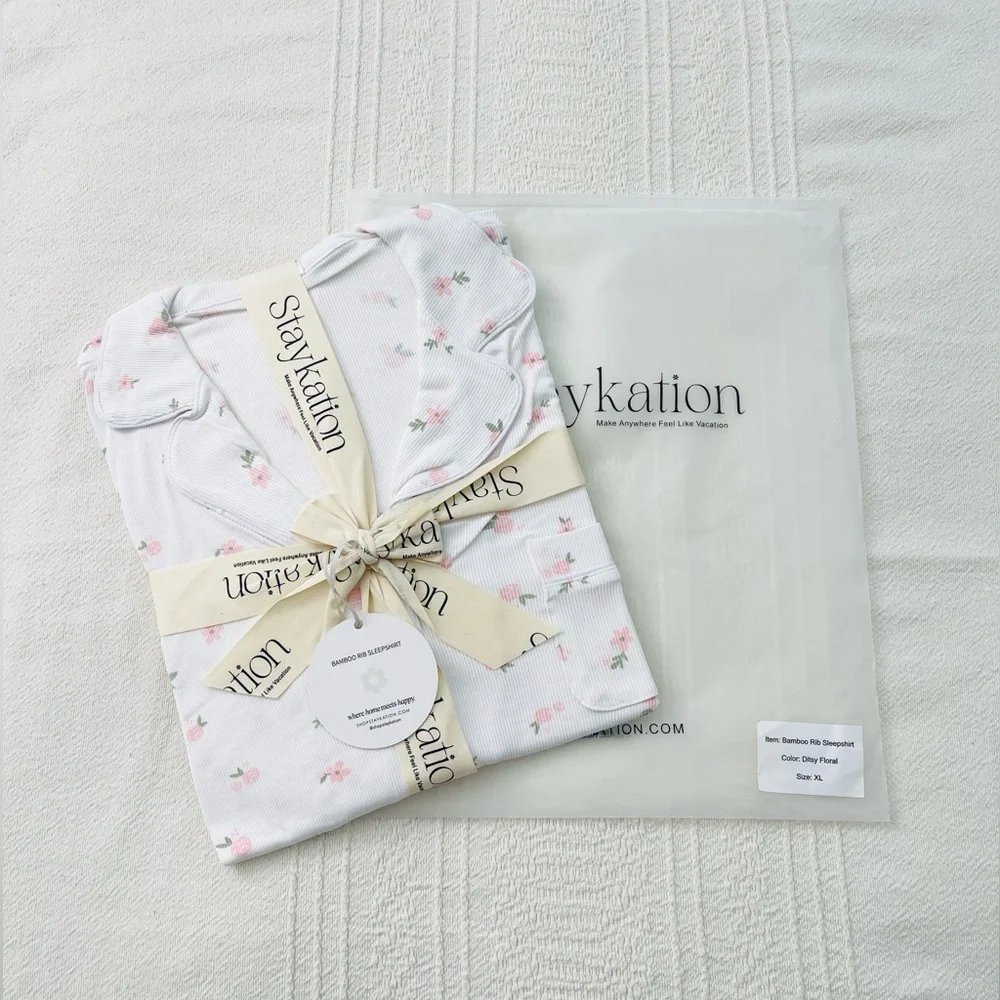NWT StayKation Pj Lounge Bamboo Floral Ribbed Sleep Shirt / Dress Size XL